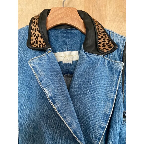 Vintage St. Maarten Dallas Denim Skirt Set Small Vest & Mini Skirt Leopard Trim - Picture 4 of 13